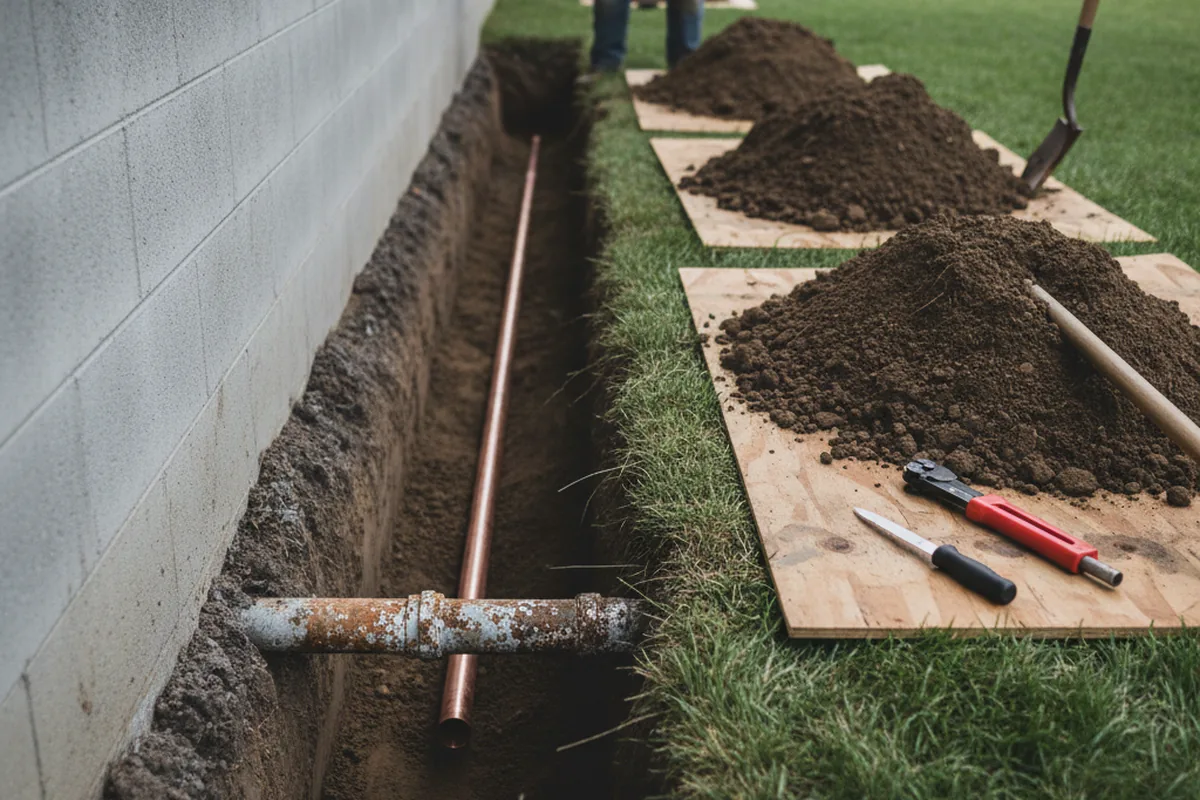 Excavated water line trench during Sewer Line Repair in Braddock